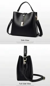 Classic black PU leather bucket bag with gold-tone hardware, top handle and strap.