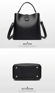 Black PU leather bucket handbag for women, casual tote shoulder bag with top handle and metal studs.