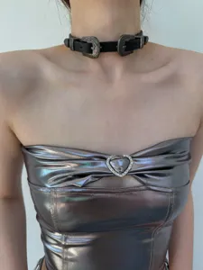 Punk gothic style double buckle black leather choker necklace, cool rock subculture clavicle chain.