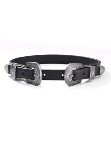 Close-up detail of punk black leather choker necklace with vintage silver double buckles.