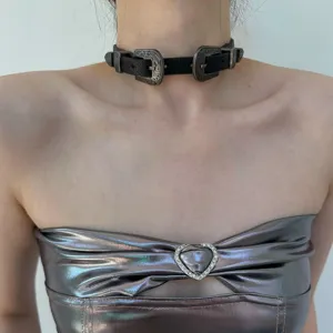 Punk Dark Style Black Choker For Women Double Buckle Alloy Retro Engraved Floral Rock Gothic Clavicle Necklace Jewelry