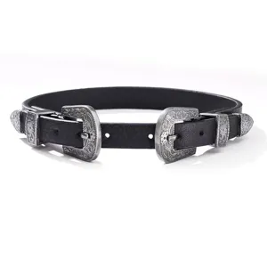 Punk double buckle black leather choker necklace with vintage silver hardware for women.