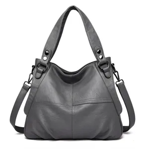Grey PU leather tote shoulder bag for women, stylish casual daily crossbody handbag.