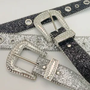 Exquisite rhinestone western belt detail showing sparkling glitter and crystal buckle design.