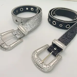 Women rhinestone leather belt sparkling crystal western design wide waist strap for jeans