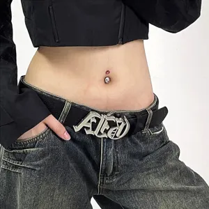 Y2K distressed gothic letter buckle black leather belt waist accessory detail showcase style