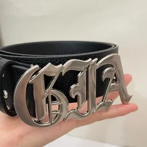Y2K Gothic Letter Buckle Litchi Grain Leather Belt Unisex Streetwear Accessories