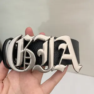 Y2K gothic letter metal buckle lychee pattern leather belt detail shot for men and women