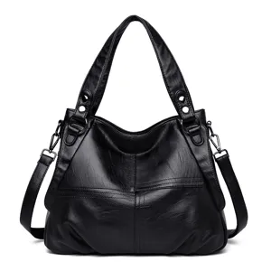 Women black leather tote bag casual large capacity shoulder crossbody handbag daily style.