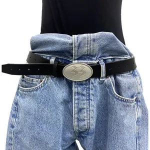 Women Retro Wide PU Leather Belt Distressed Oval Metal Buckle Vintage Gothic Decorative Waistband For Jeans Dress Black Belt