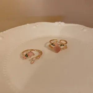 Double layer pink heart zircon open ring sweet niche design adjustable finger ring detail