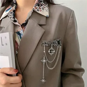 Broche de Aleación de Strass Barroco Vintage Gótico Oscuro Gema Negra Cadena de Flecos Multicapa Colgante Estrella de Cruz Pin para Mujer Joyería Regalo