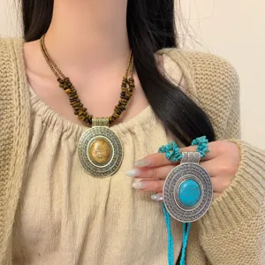 Collana Pendente a Disco in Lega Vintage Etnica Bohémien Choker Multistrato di Perline Catena per Donna Gioielli Regalo