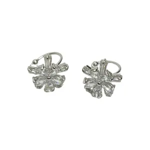 Pendientes de clip de girasol de circonita cúbica plateada, elegante joyería de flores de cristal.