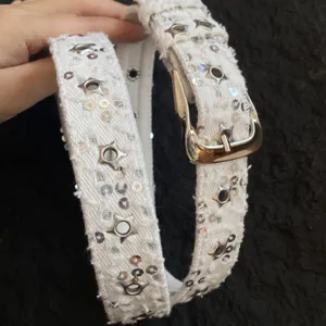 Y2K Punk Style White Denim Canvas Belt Star Sequin Embellished Metal Eyelet Women Waist Belt Streetwear Accessories