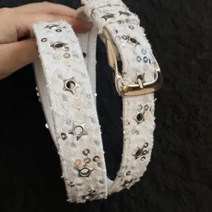 White denim canvas star sequin belt, Y2K punk style waist accessory for women and girls.