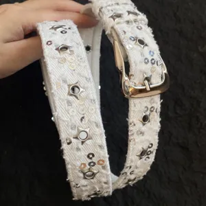 White denim star sequin belt Y2K punk style canvas waist belt for trendy jeans and skirts