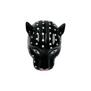 Anello testa di pantera in smalto nero con pois bianchi e naso rosa, gioiello di moda.