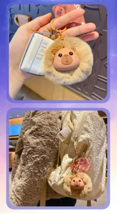 Cute plush capybara keychain fluffy pompom bag charm with car key cover for women.