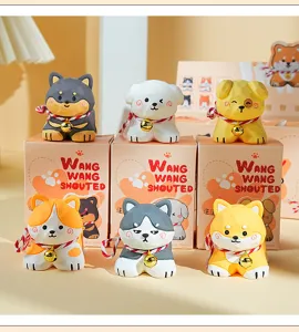 Figurines de chien de dessin animé style bois mignonnes ornements de bureau avec cloches