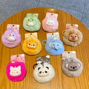 Cute cartoon plush animal keychain fluffy pom pom bag charm creative gift for kids and women