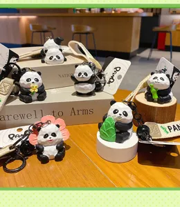 Resin wood-carving style cute panda keychain creative backpack charm accessory for couple