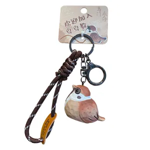 Resin sparrow keychain cute bird key ring bag pendant with woven lanyard for women men