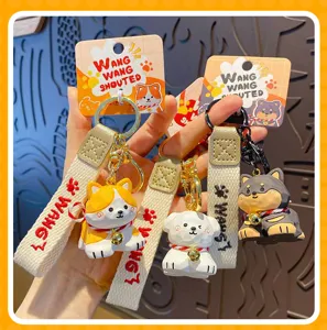 Cute wooden style cartoon dog keychain, stylish puppy bag charm and car key ring accessory.