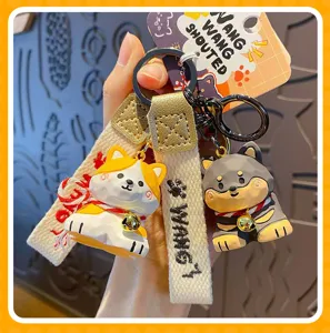Cute wood carving style dog keychain double pendant couple bag charm accessories gift