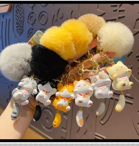 Fluffy pom pom keychain cute cartoon animal bag charm soft plush key ring for women