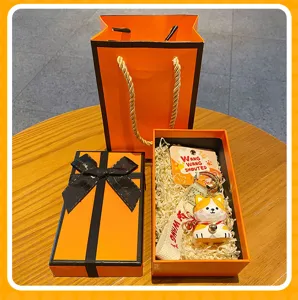 Cute wooden style dog keychain in luxury orange gift box set for fashion lovers and gifts