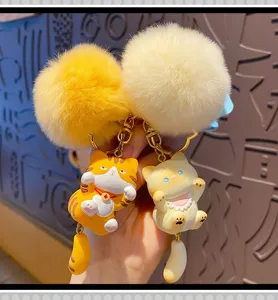 Cute fluffy pom-pom cat keychain, cartoon kitten backpack bag charm and car key ring accessory