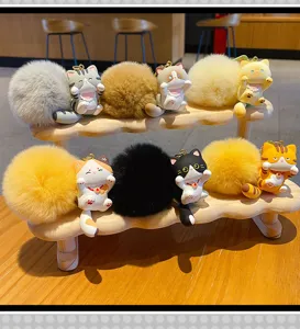 Cute cat plush ball keychain cute cartoon backpack pendant car key ring charms set