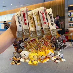 Cute wooden style dog keychains with woven lanyards and bells, 6 colorful pieces set.