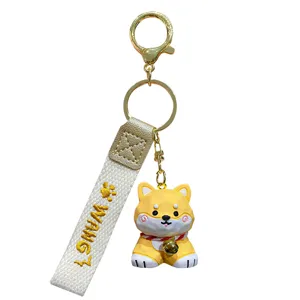 Cute Shiba Inu Keychain Wooden Style Dog Bag Pendant with Gold Ring Fashion Key Chain Gift