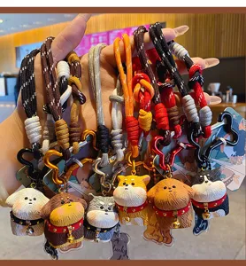Cute fluffy resin dog keychain and bag charm, creative couple accessory with braided strap.