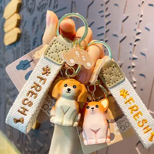 Original Holzschnitzerei Stil Resin Welpe Hund Schlüsselanhänger Süße Cartoon Tier Schlüsselanhänger Tasche Anhänger Auto Schlüsselring Schmuck Geschenk