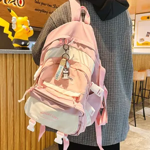 Rosa weißer Canvas Rucksack süße Schultasche Mehrfache Tasche Freizeit Tagesrucksack
