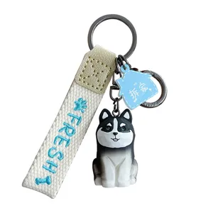 Süßer Cartoon Husky Hund Schlüsselanhänger mit Stoffband und Metallring für Damen und Herren