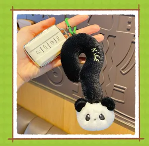 Cute plush question mark panda keychain with car key cover fluffy bag pendant charm accessory