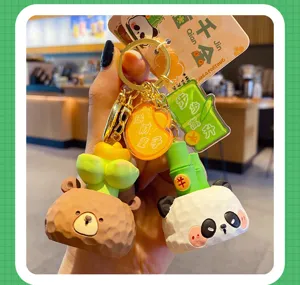 Cute wooden style resin bear panda keychain with lucky charms and card pendant for backpack bags.