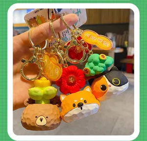 Cute wooden style resin keychain charm featuring adorable animal designs like cat, dog, and bear.