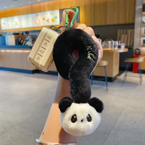 Cute plush question mark keychain with panda design and car key case for women and girls bag charm