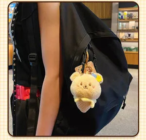 Fluffy ice cream bear keychain plush bag pendant cute kawaii cartoon accessory for girls daily use.