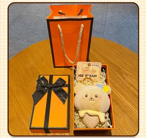 Detail of cute fluffy ice cream plush keychain, soft toy bag charm with lovely gift box.