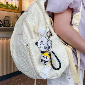 Cute panda keychain backpack set, fashionable casual daily bag with lovely animal doll pendant.