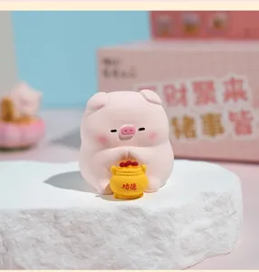 Cute pink resin pig figurine holding merit jar desktop decoration for home office cute display.