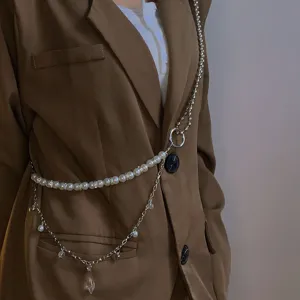 Double layer pearl waist chain hip hop body chain trendy metal pendant belt for women