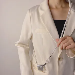 Mini bolso de metal para auriculares con elegante cadena de perlas cruzada mujer moda.