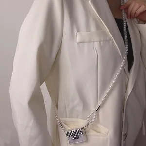 Mini bolso de metal para auriculares con correa de perlas, elegante bandolera de mujer.